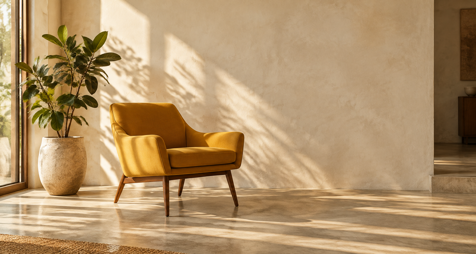 Mustard mid-century lounge chair beside a potted plant in warm sunlight